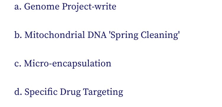 a. Genome Project-write
b. Mitochondrial DNA 'Spring Cleaning'
c. Micro-encapsulation
с.
d. Specific Drug Targeting
