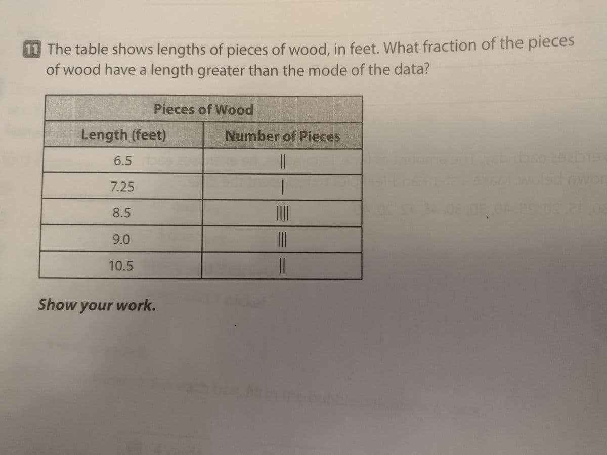 11 The table shows lengths of pieces of wood, in feet. What fraction of the pieces
of wood have a length greater than the mode of the data?
Pieces of Wood
Length (feet)
6.5
7.25
8.5
9.0
10.5
Show your work.
Number of Pieces
||
|
||||
|||
||
292019