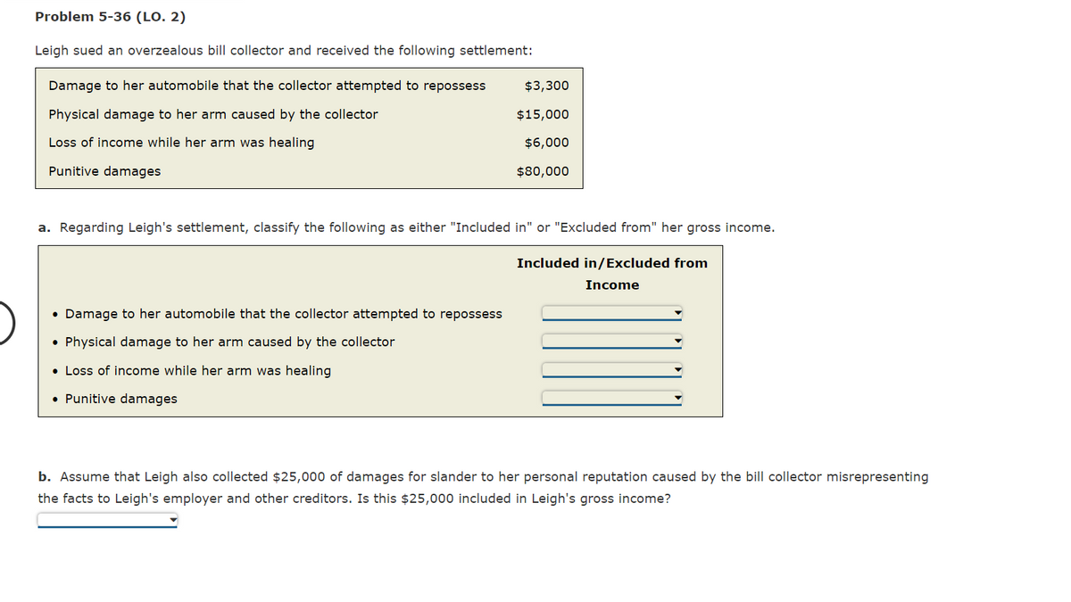 Problem 5-36 (LO. 2)
Leigh sued an overzealous bill collector and received the following settlement:
Damage to her automobile that the collector attempted to repossess
Physical damage to her arm caused by the collector
Loss of income while her arm was healing
Punitive damages
$3,300
$15,000
$6,000
$80,000
a. Regarding Leigh's settlement, classify the following as either "Included in" or "Excluded from" her gross income.
Included in/Excluded from
Income
Damage to her automobile that the collector attempted to repossess
• Physical damage to her arm caused by the collector
• Loss of income while her arm was healing
• Punitive damages
b. Assume that Leigh also collected $25,000 of damages for slander to her personal reputation caused by the bill collector misrepresenting
the facts to Leigh's employer and other creditors. Is this $25,000 included in Leigh's gross income?