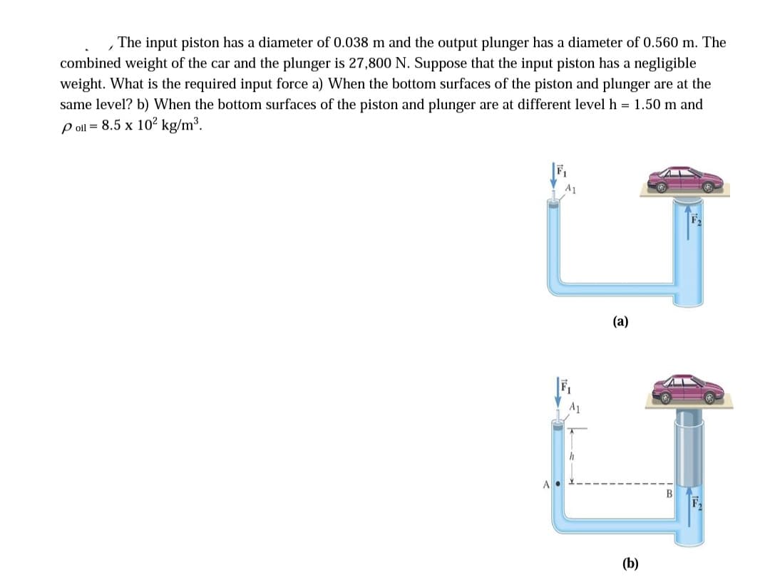 The input piston has a diameter of 0.038 m and the output plunger has a diameter of 0.560 m. The
combined weight of the car and the plunger is 27,800 N. Suppose that the input piston has a negligible
weight. What is the required input force a) When the bottom surfaces of the piston and plunger are at the
same level? b) When the bottom surfaces of the piston and plunger are at different level h = 1.50 m and
p oll = 8.5 x 10² kg/m³.
(a)
В
(b)
