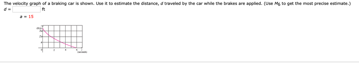 The velocity graph of a braking car is shown. Use it to estimate the distance, d traveled by the car while the brakes are applied. (Use M6 to get the most precise estimate.)
d =
ft
a = 15
(ft/s)
3a
2a
4
(seconds)
