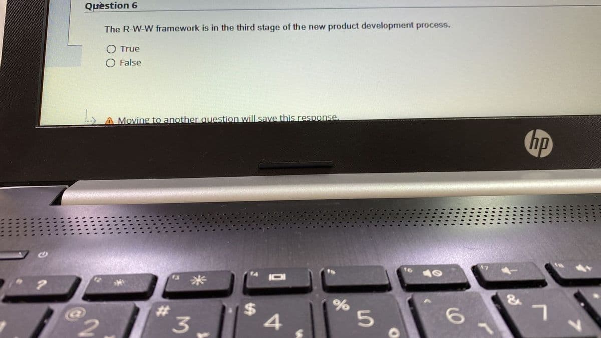 Quèstion 6
The R-W-W framework is in the third stage of the new product development process.
True
False
A Moving to another question will save this response.
hp
G米
&
%24
%23
