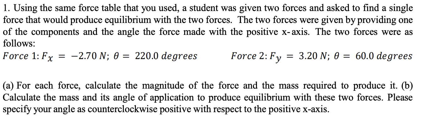 1. Using the same force table that you used, a student was given two forces and asked to find a single
force that would produce equilibrium with the two forces. The two forces were given by providing one
of the components and the angle the force made with the positive x-axis. The two forces were as
follows:
Force 2: Fy
F orce 1: Fx
= 60.0 degrees
-2.70 N; 0
= 3.20 N; 0
220.0 degrees
|(a) For each force, calculate the magnitude of the force and the mass required to produce it. (b)
Calculate the mass and its angle of application to produce equilibrium with these two forces. Please
specify your angle as counterclockwise positive with respect to the positive x-axis
