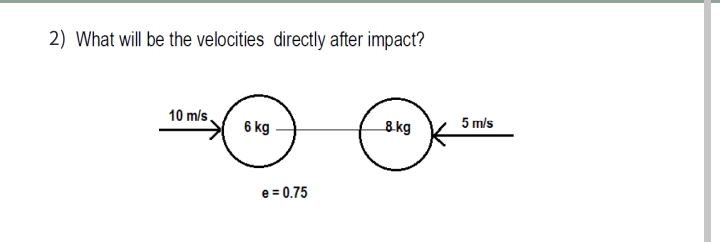 2) What will be the velocities directly after impact?
10 m/s.
6 kg
8 kg
5 m/s
e = 0.75
