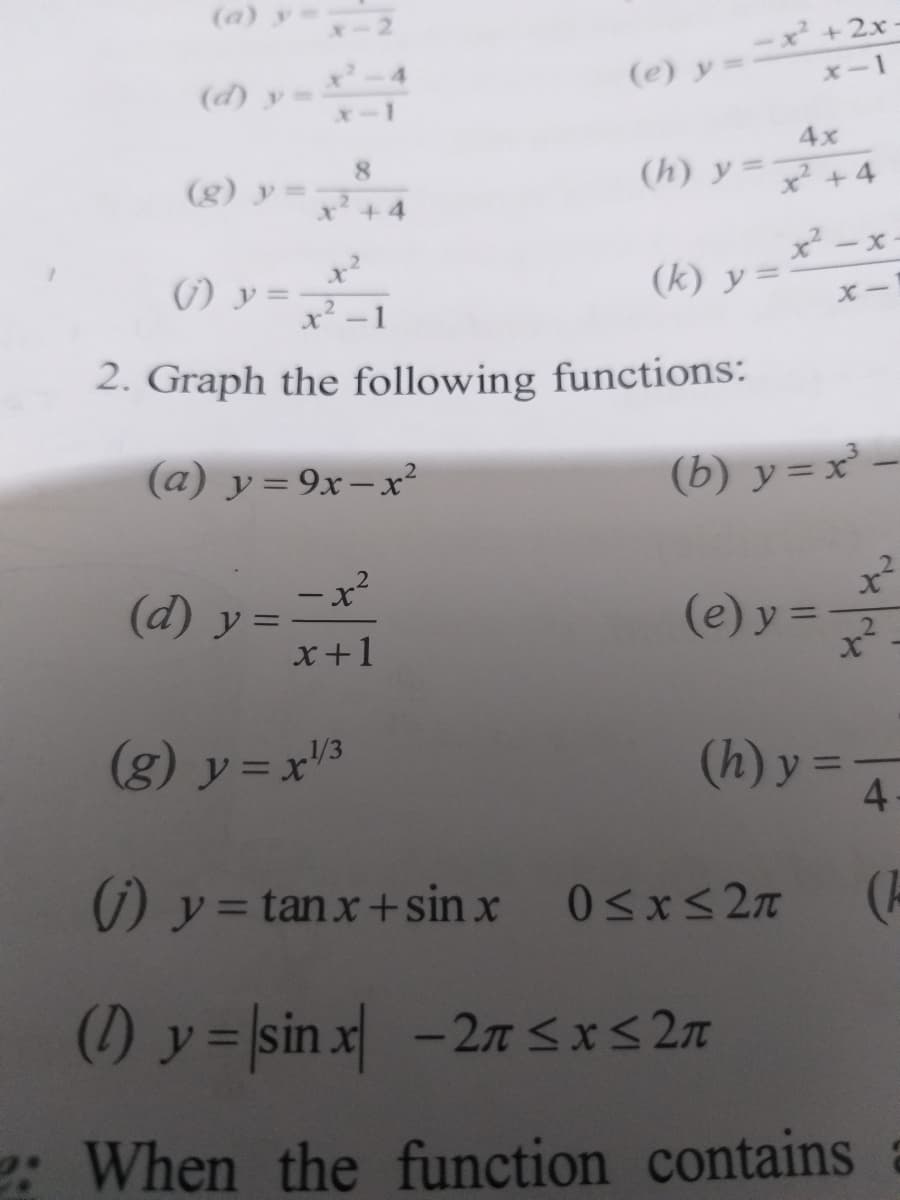 (e) y ==x²+2x.
x-1
(a) y
(d) y
4x
8.
(h) y=マ+4
(g) y
x+4
(k) y =
) y =
x² -1
2. Graph the following functions:
(a) y=9x–x²
(b) y = x² –
x²
()y=ニポ
(e) y =
%3D
2.
x+1
(g) y=x3
(h) y =
%3D
4
) y = tanx+sin x
0<x<2n
(H
(1) y= sin x -2r Sx< 2n
e: When the function contains
