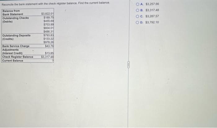 Reconcile the bank statement with the check régister balance. Find the current balance.
Balance from
Bank Statement
Outstanding Checks
(Debits)
Outstanding Deposits
(Credits)
Bank Service Charge
Adjustments
(Interest Credit)
Check Register Balance
Current Balance
$3,822.01
$189.75
$455.69
$703.99
$604.01
$486.31
$793.83
$133.22
$978.26
$43.76
$13.85
$3,317.48
CH
OA $3,257.66
OB. $3,317.48
OC. $3,287.57
D. $3,792.10