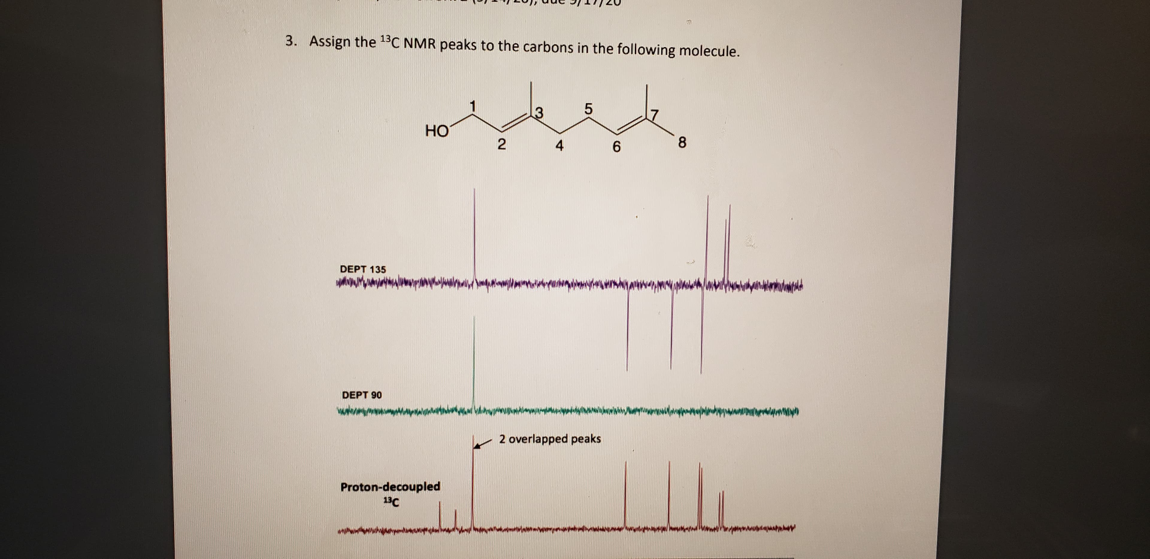 3. Assign the 1C NMR peaks to the carbons in the following molecule.
1
HO
4
6.
8.
DEPT 135
DEPT 90
2 overlapped peaks
Proton-decoupled
13C
2.
