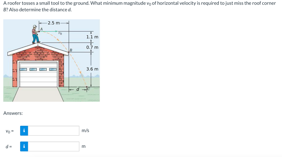 A roofer tosses a small tool to the ground. What minimum magnitude vo of horizontal velocity is required to just miss the roof corner
B? Also determine the distance d.
Answers:
Vo =
d =
2.5 m
10
1.1 m
+
0.7 m
m
3.6 m
m/s