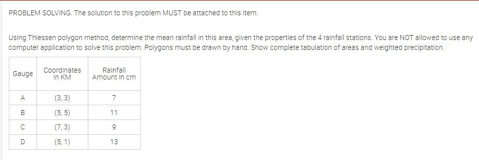 PROBLEM SOLVING. The solution to this problem MUST be attached to this item.
Using Thiessen polygon method, determine the mean rainfall in this area, given the properties of the 4 rainfall stations. You are NOT allowed to use any
computer application to solve this problem. Polygons must be drawn by hand. Show complete tabulation of areas and weighted precipitation.
Coordinates
in KM
Rainfall
Amount in cm
Gauge
A
(3, 3)
7
B
(5, 5)
11
(7, 3)
D
(5, 1)
13
