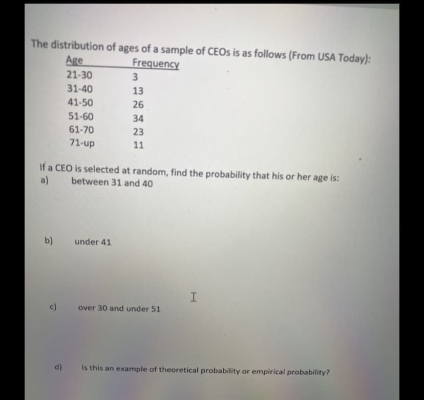 The distribution of ages of a sample of CEOS is as follows (From USA Today):
Age
21-30
Frequency
3
31-40
13
41-50
26
51-60
34
61-70
23
71-up
11
If a CEO is selected at random, find the probability that his or her age is:
a)
between 31 and 40
b)
under 41
c)
over 30 and under 51
d)
Is this an example of theoretical probability or empirical probability?
