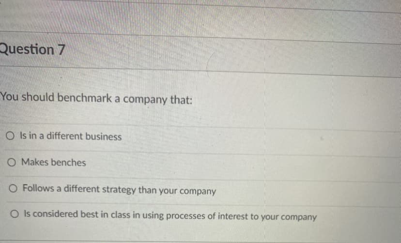 Question 7
You should benchmark a company that:
O Is in a different business
O Makes benches
O Follows a different strategy than your company
O Is considered best in class in using processes of interest to your company
