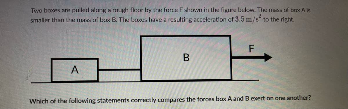 Two boxes are pulled along a rough floor by the force F shown in the figure below. The mass of box A is
smaller than the mass of box B. The boxes have a resulting acceleration of 3.5 m/s² to the right.
A
B
F
Which of the following statements correctly compares the forces box A and B exert on one another?