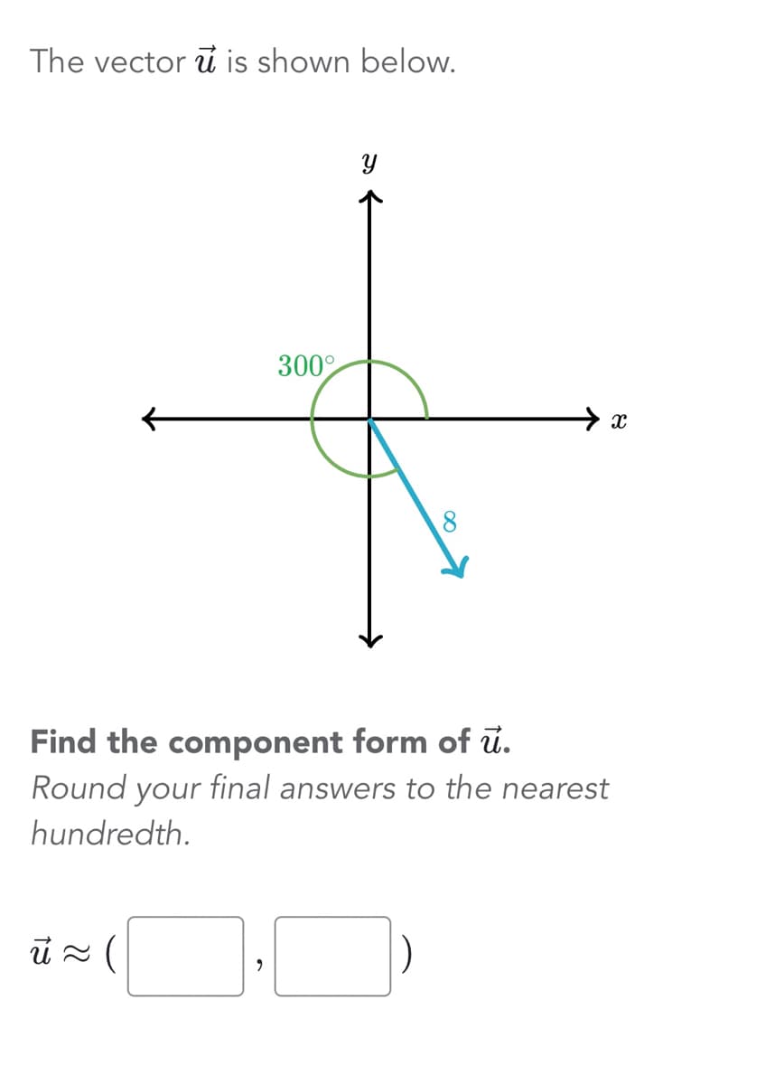 The vector u is shown below.
ū ≈ (
300
9
Y
8
Find the component form of u.
Round your final answers to the nearest
hundredth.
X