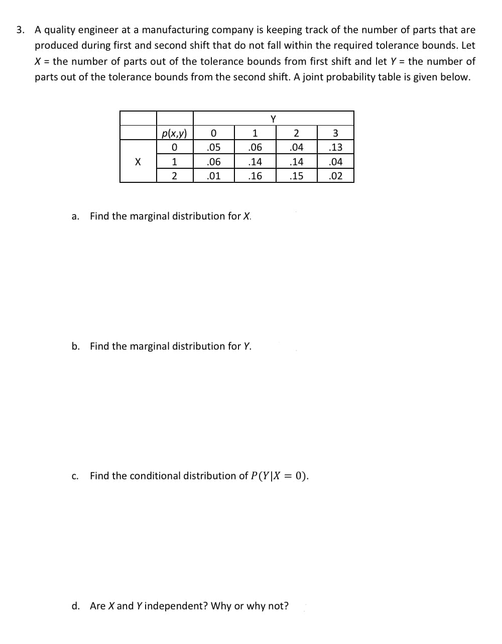 3. A quality engineer at a manufacturing company is keeping track of the number of parts that are
produced during first and second shift that do not fall within the required tolerance bounds. Let
X = the number of parts out of the tolerance bounds from first shift and let Y = the number of
parts out of the tolerance bounds from the second shift. A joint probability table is given below.
Y
p(x,y)
2
3
.05
.06
.04
.13
1
.06
.14
.14
.04
2
.01
.16
.15
.02
а.
Find the marginal distribution for X.
b. Find the marginal distribution for Y.
С.
Find the conditional distribution of P(Y|X = 0).
d. Are X and Y independent? Why or why not?
