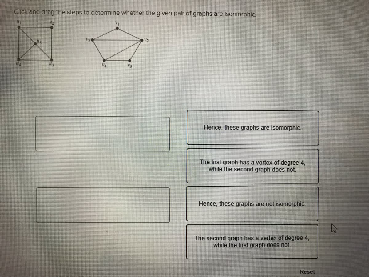 Click and drag the steps to determine whether the given pair of graphs are Isomorphic.
145
14
alls
18₂
Uz
VA
V₁
Vi
Hence, these graphs are isomorphic.
The first graph has a vertex of degree 4,
while the second graph does not.
Hence, these graphs are not isomorphic.
The second graph has a vertex of degree 4,
while the first graph does not.
Reset