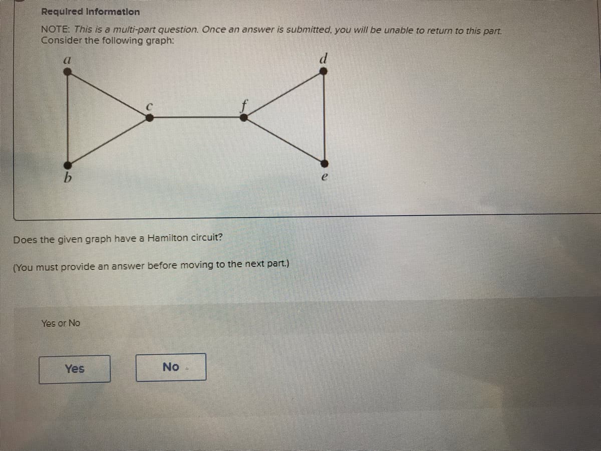 Required Information
NOTE: This is a multi-part question. Once an answer is submitted, you will be unable to return to this part.
Consider the following graph:
(1
Does the given graph have a Hamilton circuit?
(You must provide an answer before moving to the next part.)
Yes or No
Yes
No
d
e