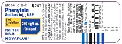 IM USE
NOVAPLUS®
FOR IV OR
(50 mg/mL)
5 mL
Single Dose 250 mg/5 mL
Vial
LOT EXP
Sodium Inj., USP
Phenytoin
NDC 0641-6139-01
RONLY
NOTE: Administer slowly. Do not exceed
50 mg per minute intravenously.
SINGLE DOSE-DISCARD UNUSED
CONTENTS. Each ml contains phe-
nytoin sodium 50 mg. propylene
glycol 0.4 mL and alcohol 0.1 ml in
Water for Injection. pH 10.0-12.3;
sodium hydroxide added, if needed,
for pH adjustment.
Usual Dosage: See package
insert. Store at 20°-25°C
(68-77°F) [See USP Con-
trolled Room Temperature).
DO NOT USE IF SOLUTION IS
HAZY OR HAS A PRECIPITATE.
Mid. by WEST-WARD
462-654-00
(01)00306416139014