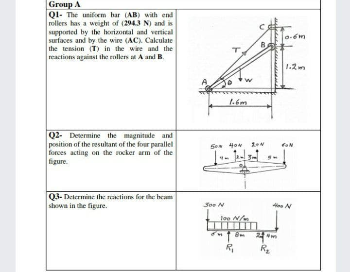 Group A
Ql- The uniform bar (AB) with end
rollers has a weight of (294.3 N) and is
supported by the horizontal and vertical
surfaces and by the wire (AC). Calculate
the tension (T) in the wire and the
reactions against the rollers at A and B.
o.6m
1.2m
1.6m
Q2- Determine the magnitude and
position of the resultant of the four parallel
forces acting on the rocker arm of the
figure.
50N 40N
20N
2- 3m
Q3- Determine the reactions for the beam
shown in the figure.
300 N
Ho0 N
l00 N/m
om t 8m
R2
