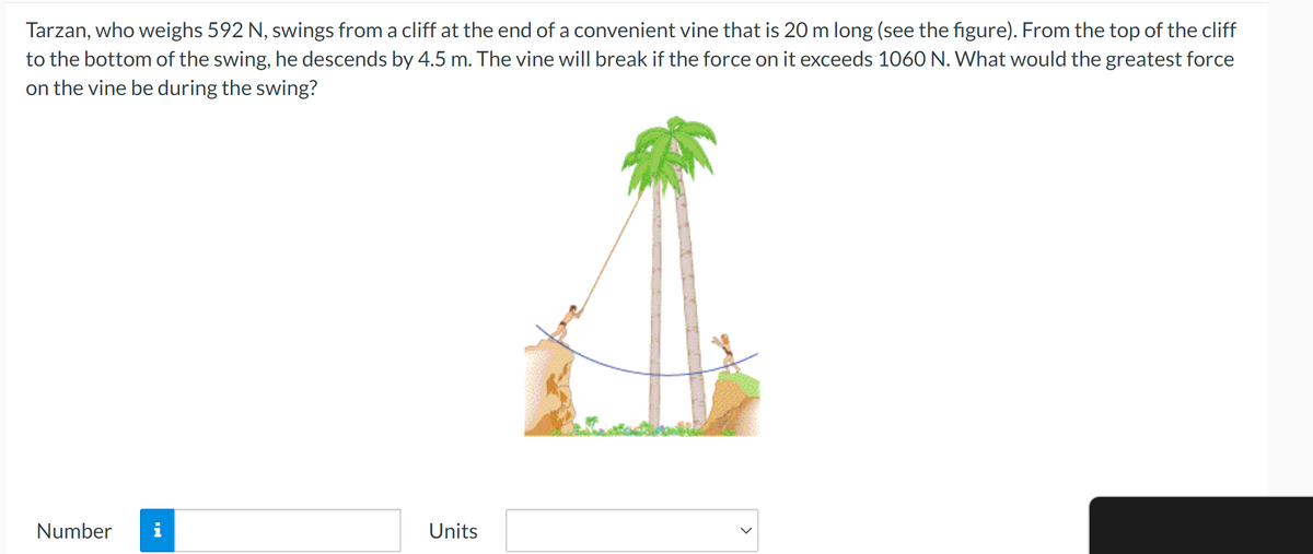 Tarzan, who weighs 592 N, swings from a cliff at the end of a convenient vine that is 20 m long (see the figure). From the top of the cliff
to the bottom of the swing, he descends by 4.5 m. The vine will break if the force on it exceeds 1060 N. What would the greatest force
on the vine be during the swing?
Number
Units