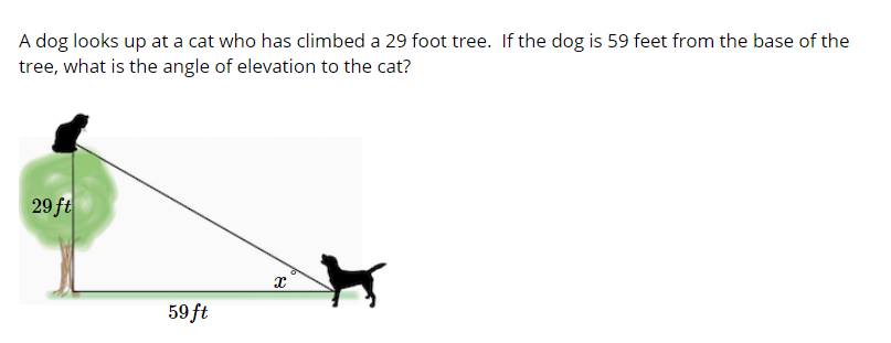 A dog looks up at a cat who has climbed a 29 foot tree. If the dog is 59 feet from the base of the
tree, what is the angle of elevation to the cat?
29 ft
59 ft
