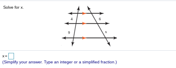 Solve for x.
4
6.
9
(Simplify your answer. Type an integer
or
a simplified fraction.)
