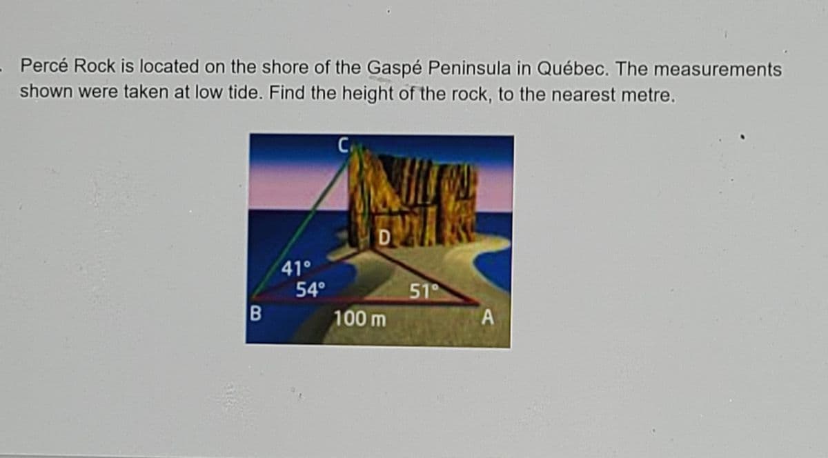 - Percé Rock is located on the shore of the Gaspé Peninsula in Québec. The measurements
shown were taken at low tide. Find the height of the rock, to the nearest metre.
D
41°
54°
51°
100 m
