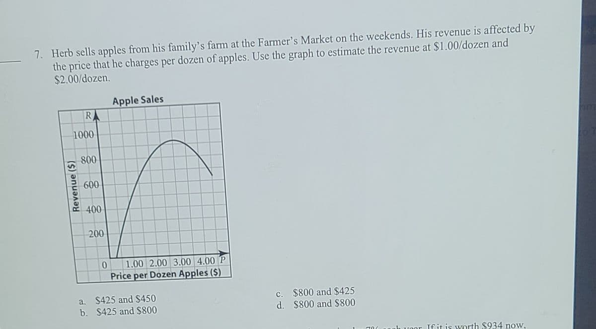 7. Herb sells apples from his family's farm at the Farmer's Market on the weekends. His revenue is affected by
the price that he charges per dozen of apples. Use the graph to estimate the revenue at $1.00/dozen and
$2.00/dozen.
Apple Sales
R
1000
800
600
400
200
|1.00 2.00 3.00 4.00 P
Price per Dozen Apples ($)
a. $425 and $450
b. $425 and $800
c. $800 and $425
d. $800 and $800
UOor If it is worth $934 now,
Revenue ($)
