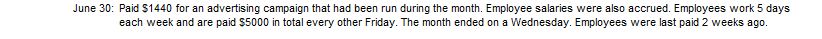 June 30: Paid $1440 for an advertising campaign that had been run during the month. Employee salaries were also accrued. Employees work 5 days
each week and are paid $5000 in total every other Friday. The month ended on a Wednesday. Employees were last paid 2 weeks ago.
