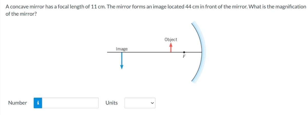 A concave mirror has a focal length of 11 cm. The mirror forms an image located 44 cm in front of the mirror. What is the magnification
of the mirror?
Number i
Object
+T
Image
Units
F