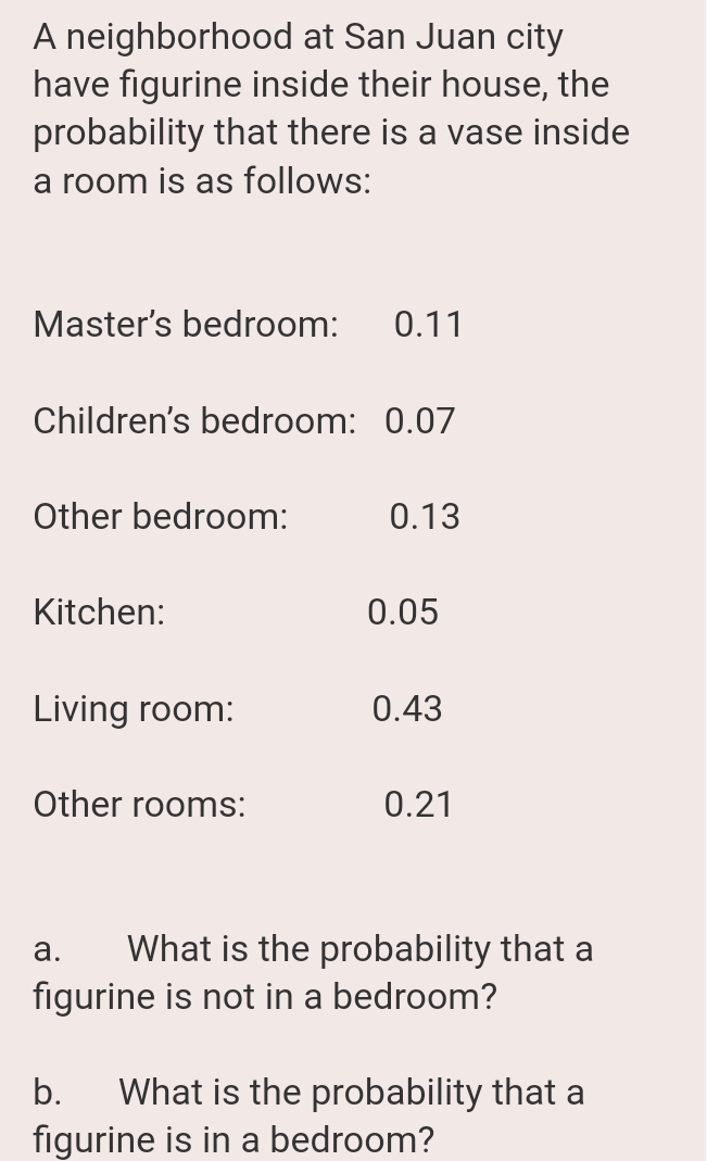 A neighborhood at San Juan city
have figurine inside their house, the
probability that there is a vase inside
a room is as follows:
Master's bedroom:
0.11
Children's bedroom: 0.07
Other bedroom:
0.13
Kitchen:
0.05
Living room:
0.43
Other rooms:
0.21
What is the probability that a
figurine is not in a bedroom?
а.
What is the probability that a
figurine is in a bedroom?
b.
