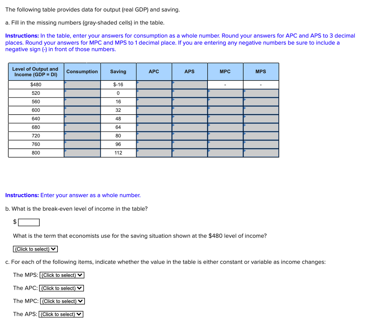 The following table provides data for output (real GDP) and saving.
a. Fill in the missing numbers (gray-shaded cells) in the table.
Instructions: In the table, enter your answers for consumption as a whole number. Round your answers for APC and APS to 3 decimal
places. Round your answers for MPC and MPS to 1 decimal place. If you are entering any negative numbers be sure to include a
negative sign (-) in front of those numbers.
Level of Output and
Income (GDP = DI)
Consumption
Saving
АРС
APS
MPC
MPS
$480
$-16
520
560
16
600
32
640
48
680
64
720
80
760
96
800
112
Instructions: Enter your answer as a whole number.
b. What is the break-even level of income in the table?
2$
What is the term that economists use for the saving situation shown at the $480 level of income?
|(Click to select) V
c. For each of the following items, indicate whether the value in the table is either constant or variable as income changes:
The MPS: (Click to select) V
The APC: (Click to select) V
The MPC: (Click to select) V
The APS: (Click to select) ♥
