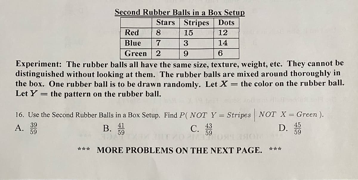 Second Rubber Balls in a Box Setup
Stars Stripes Dots
Red
8
15
12
Blue
7
3
14
Green
9.
6
Experiment: The rubber balls all have the same size, texture, weight, etc. They cannot be
distinguished without looking at them. The rubber balls are mixed around thoroughly in
the box. One rubber ball is to be drawn randomly. Let X = the color on the rubber ball.
Let Y
= the pattern on the rubber ball.
16. Use the Second Rubber Balls in a Box Setup. Find P( NOT Y = Stripes NOT X = Green ).
39
A.
59
45
D.
59
41
В.
59
C.
43
С.
59
***
MORE PROBLEMS ON THE NEXT PAGE. ***
