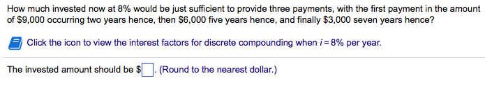 How much invested now at 8% would be just sufficient to provide three payments, with the first payment in the amount
of $9,000 occurring two years hence, then $6,000 five years hence, and finally $3,000 seven years hence?
Click the icon to view the interest factors for discrete compounding when i = 8% per year.
The invested amount should be $
(Round to the nearest dollar.)