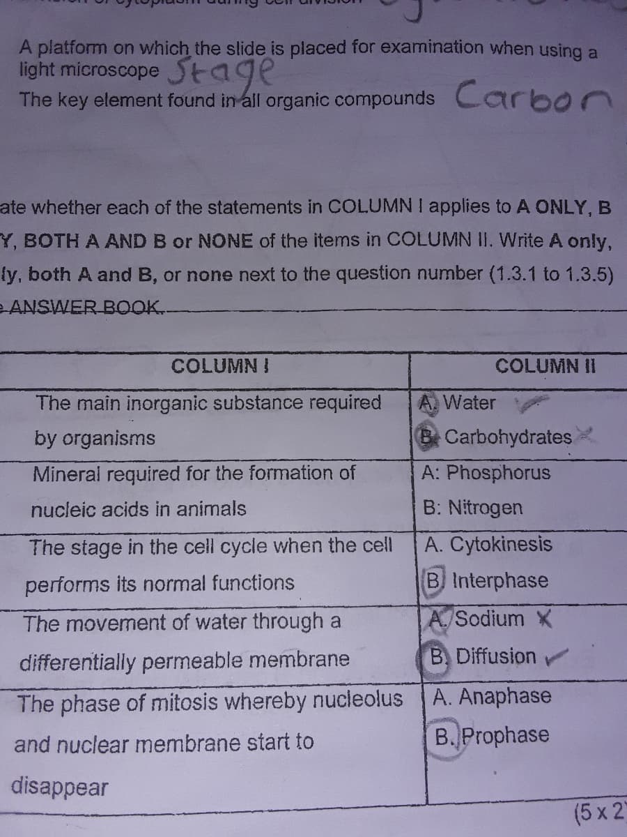 A platform on which the slide is placed for examination when using a
light microscope Stage
The key element found in all organic compounds Carbor
ate whether each of the statements in COLUMN I applies to A ONLY, B
Y, BOTH A AND B or NONE of the items in COLUMN II. Write A only,
ly, both A and B, or none next to the question number (1.3.1 to 1.3.5)
eANSWER BOOK.
COLUMN !
COLUMN II
The main inorganic substance required
Water
by organisms
Carbohydrates.
Mineral required for the formation of
A: Phosphorus
nucleic acids in animals
B: Nitrogen
The stage in the cell cycle when the cell
A. Cytokinesis
performs its normal functions
B Interphase
The movement of water through a
A/Sodium X
differentially permeable membrane
B. Diffusion
The phase of mitosis whereby nucleolus
A. Anaphase
and nuclear membrane start to
B. Prophase
disappear
(5 x 2
