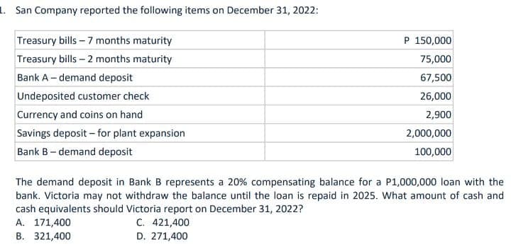 1. San Company reported the following items on December 31, 2022:
Treasury bills – 7 months maturity
P 150,000
Treasury bills – 2 months maturity
75,000
Bank A - demand deposit
67,500
Undeposited customer check
26,000
Currency and coins on hand
2,900
Savings deposit - for plant expansion
2,000,000
Bank B- demand deposit
100,000
The demand deposit in Bank B represents a 20% compensating balance for a P1,000,000 loan with the
bank. Victoria may not withdraw the balance until the loan is repaid in 2025. What amount of cash and
cash equivalents should Victoria report on December 31, 2022?
A. 171,400
C. 421,400
D. 271,400
B. 321,400
