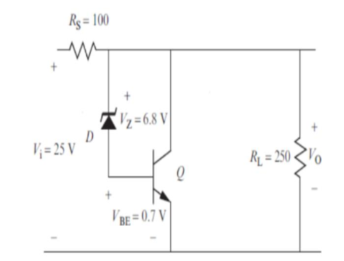 Rg = 100
%3D
(z=6.8 V
D
V;= 25 V
RL = 250 Vo
VBE = 0.7 V |
