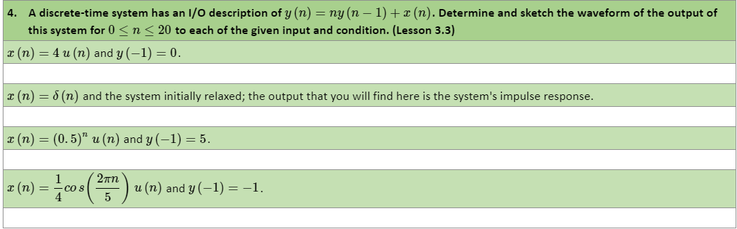 4. A discrete-time system has an I/0 description of y (n) = ny (n – 1) + x (n). Determine and sketch the waveform of the output of
this system for 0 < n< 20 to each of the given input and condition. (Lesson 3.3)
r (n) = 4 u (n) and y (–1) = 0.
x (n) = 8 (n) and the system initially relaxed; the output that you will find here is the system's impulse response.
|2 (п) — (0.5)" и (п) and y (—1) — 5.
z (n) = -co s
u (n) and y (–1) = –1.
5
