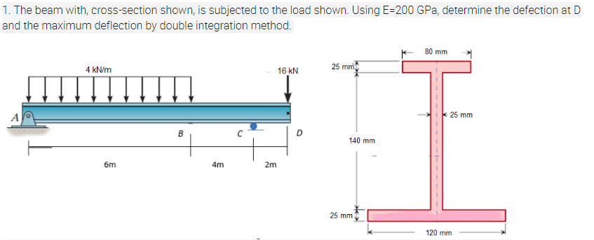 1. The beam with, cross-section shown, is subjected to the load shown. Using E=200 GPa, determine the defection at D
and the maximum deflection by double integration method.
80 mm
25 mm
4 kN/m
16 kN
25 mm
D
140 mm
6m
4m
2m
25 mm
120 mm
