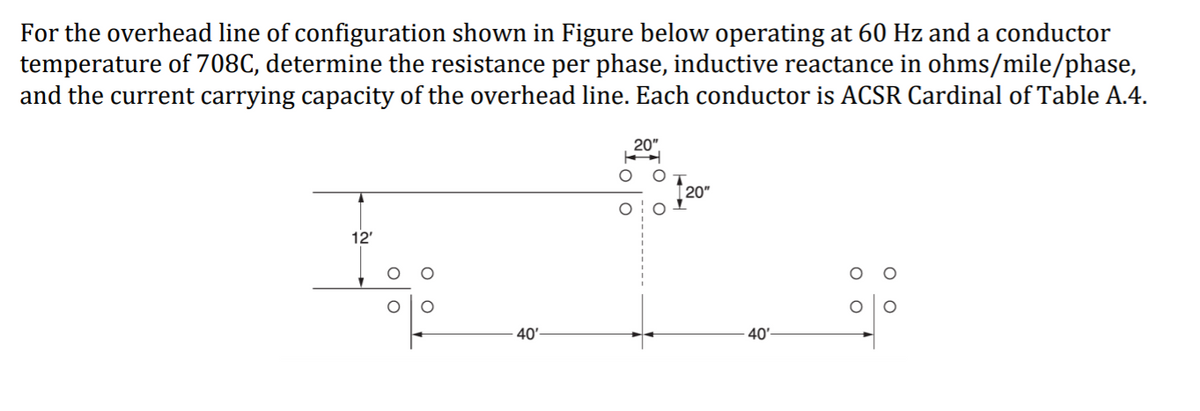 For the overhead line of configuration shown in Figure below operating at 60 Hz and a conductor
temperature of 708C, determine the resistance per phase, inductive reactance in ohms/mile/phase,
and the current carrying capacity of the overhead line. Each conductor is ACSR Cardinal of Table A.4.
20".
[20"
12'
40'-
40'-
