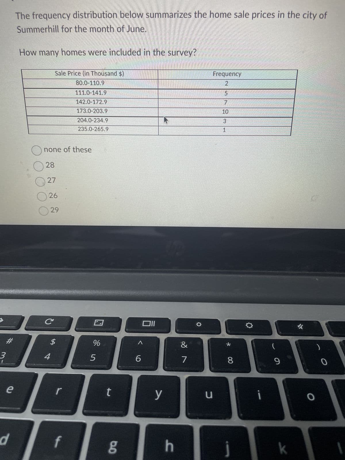 **Home Sale Prices in Summerhill: June Survey**

The frequency distribution below summarizes the home sale prices in the city of Summerhill for the month of June.

**Frequency Distribution Table:**

| Sale Price (in Thousand $) | Frequency |
|----------------------------|-----------|
| 80.0-110.9                 | 2         |
| 111.0-141.9                | 5         |
| 142.0-172.9                | 7         |
| 173.0-203.9                | 10        |
| 204.0-234.9                | 3         |
| 235.0-265.9                | 1         |

**Question:**
How many homes were included in the survey?

**Options:**
- None of these
- 28
- 27
- 26
- 29

This table shows the distribution of home sale prices in thousands of dollars along with the frequency, or the number of homes sold in each price range. 

To determine the total number of homes included in the survey, sum the frequencies:

\[ 
2 + 5 + 7 + 10 + 3 + 1 = 28 
\]

Therefore, the answer is:
- **28**