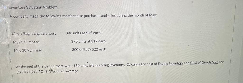 Inventory Valuation Problem
A company made the following merchandise purchases and sales during the month of May:
May 1 Beginning Inventory
May 5 Purchase
May 20 Purchase
380 units at $15 each
270 units at $17 each.
300 units @ $22 each
At the end of the period there were 150 units left in ending inventory. Calculate the cost of Ending Inventory and Cost of Goods Sold for
(1) FIFO (2) LIFO (3) Weighted Average