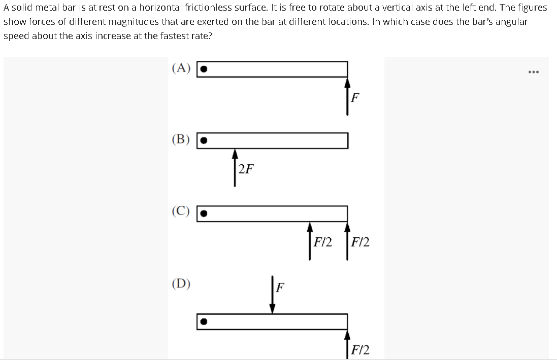 A solid metal bar is at rest on a horizontal frictionless surface. It is free to rotate about a vertical axis at the left end. The figures
show forces of different magnitudes that are exerted on the bar at different locations. In which case does the bar's angular
speed about the axis increase at the fastest rate?
(A)
...
F
(B) |•
for
2F
F/2
F/2
(D)
F/2
