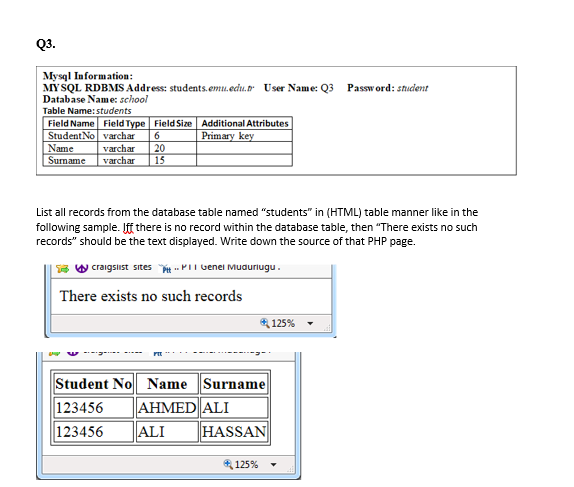 Q3.
Mysql Information:
MYSQL RDBMS Address: students. emu.ecdu.t User Name: Q3
Database Name: school
Table Name:students
Field Name Field Type Field Size Additional Attributes
StudentNo varchar
Name
Sumame
Password: student
Primary key
varchar
20
varchar
15
List all records from the database table named "students" in (HTML) table manner like in the
following sample. If there is no record within the database table, then "There exists no such
records" should be the text displayed. Write down the source of that PHP page.
W craigsiist sites it .. PII Genel Muauriugu.
There exists no such records
125%
Student No Name Surname
AHMED ALI
ALI
123456
123456
HASSAN
125%
