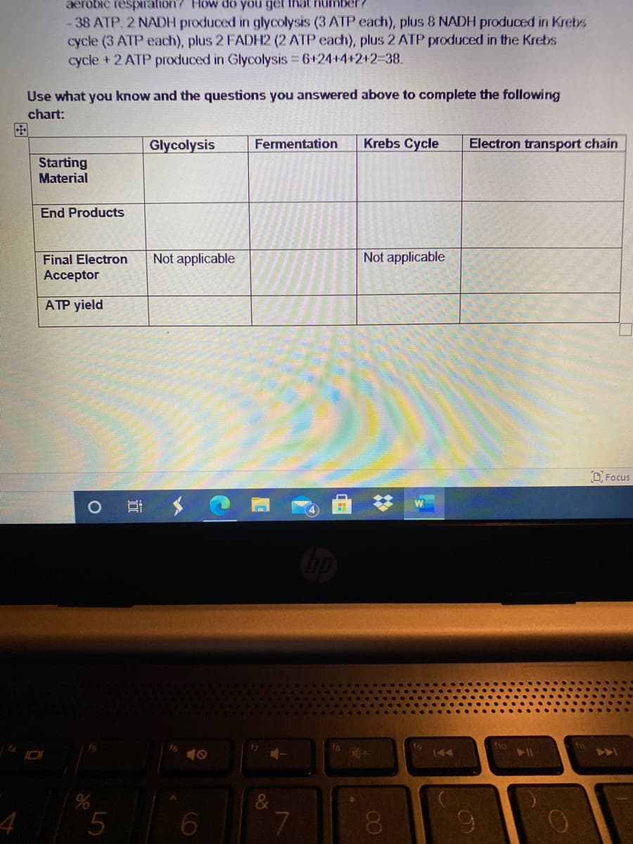 aerobic resprafion? How do you gel that number?
- 38 ATP. 2 NADH produced in glycolysis (3 ATP each), plus 8 NADH produced in Krebs
cycle (3 ATP each), plus 2 FADH2 (2 ATP each), plus 2 ATP produced in the Krebs
cycle + 2 ATP produced in Glycolysis 6+24+4+2+2-38.
Use what you know and the questions you answered above to complete the following
chart:
国
Glycolysis
Fermentation
Krebs Cycle
Electron transport chain
Starting
Material
End Products
Final Electron
Not applicable
Not applicable
Ассeptor
АТР yield
D Focus
10
144
4
6.
00
8
