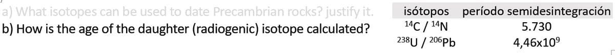 a) What isotopes can be used to date Precambrian rocks? justify it.
b) How is the age of the daughter (radiogenic) isotope calculated?
isótopos período semidesintegración
14C/14N
238U/206Pb
5.730
4,46x10⁹