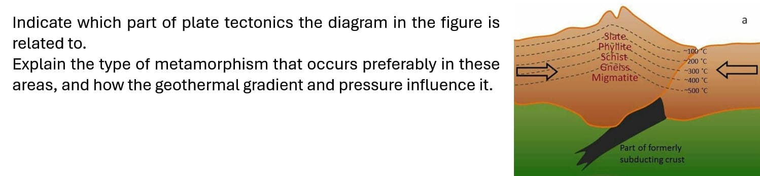 Indicate which part of plate tectonics the diagram in the figure is
related to.
Explain the type of metamorphism that occurs preferably in these
areas, and how the geothermal gradient and pressure influence it.
-State.
Phyllite
-Schist.
Gneiss.
Migmatite
~100 C
200 °C
~300 °C
~400 °C
-~500 °C
Part of formerly
subducting crust
a