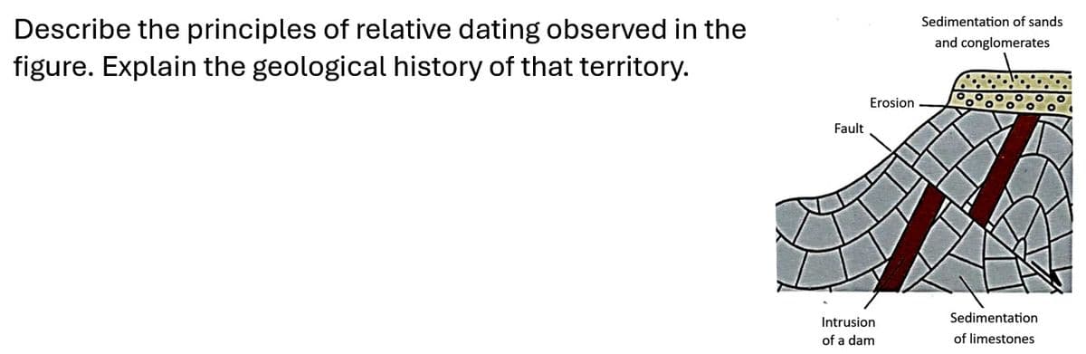 Describe the principles of relative dating observed in the
figure. Explain the geological history of that territory.
Erosion
Fault
Sedimentation of sands
and conglomerates
Sedimentation
Intrusion
of a dam
of limestones