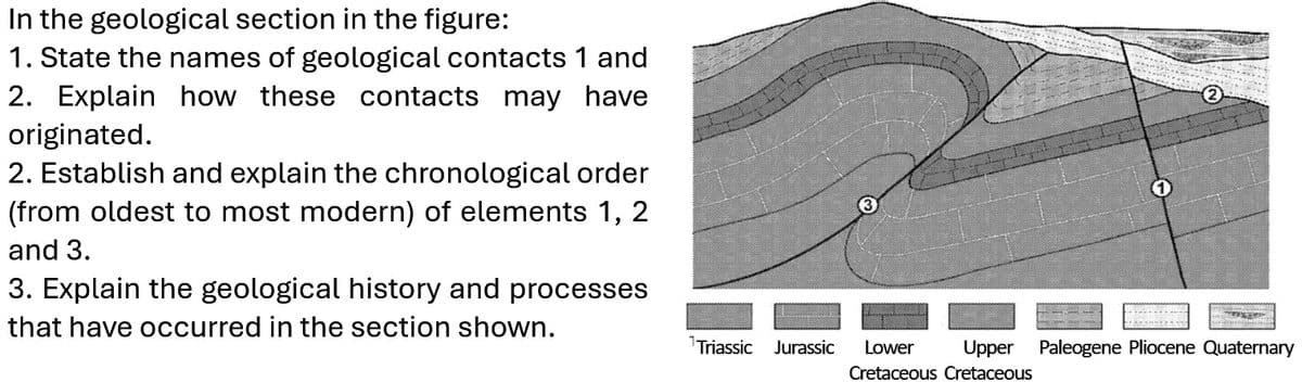 In the geological section in the figure:
1. State the names of geological contacts 1 and
2. Explain how these contacts may have
originated.
2. Establish and explain the chronological order
(from oldest to most modern) of elements 1, 2
and 3.
3. Explain the geological history and processes
that have occurred in the section shown.
2
Triassic Jurassic Lower Upper Paleogene Pliocene Quaternary
Cretaceous Cretaceous