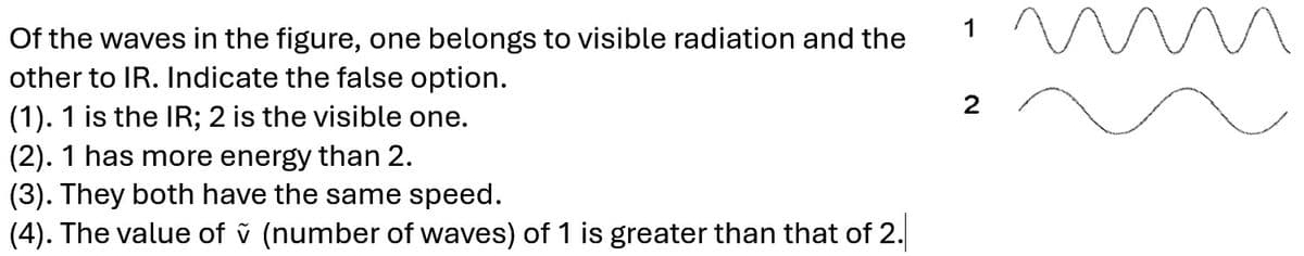 Of the waves in the figure, one belongs to visible radiation and the
other to IR. Indicate the false option.
(1). 1 is the IR; 2 is the visible one.
(2). 1 has more energy than 2.
(3). They both have the same speed.
(4). The value of Ỹ (number of waves) of 1 is greater than that of 2.
2
n