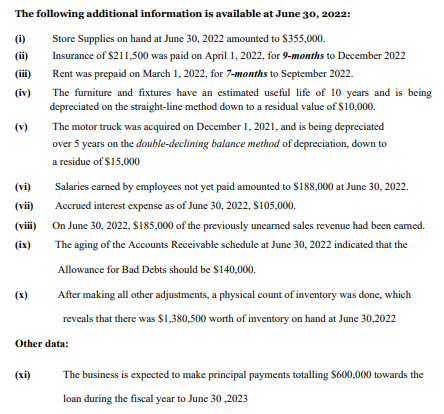 The following additional information is available at June 30, 2022:
Store Supplies on hand at June 30, 2022 amounted to $355,000.
Insurance of $211,500 was paid on April 1, 2022, for 9-months to December 2022
Rent was prepaid on March 1, 2022, for 7-months to September 2022.
(i)
(ii)
(iv)
3
(vi)
(vii)
(viii)
(ix)
(x)
The furniture and fixtures have an estimated useful life of 10 years and is being
depreciated on the straight-line method down to a residual value of $10,000.
The motor truck was acquired on December 1, 2021, and is being depreciated
over 5 years on the double-declining balance method of depreciation, down to
a residue of $15,000
(xi)
Salaries earned by employees not yet paid amounted to $188,000 at June 30, 2022.
Accrued interest expense as of June 30, 2022, $105,000.
On June 30, 2022, $185,000 of the previously unearned sales revenue had been earned.
The aging of the Accounts Receivable schedule at June 30, 2022 indicated that the
Allowance for Bad Debts should be $140,000.
After making all other adjustments, a physical count of inventory was done, which
reveals that there was $1,380,500 worth of inventory on hand at June 30,2022
Other data:
The business is expected to make principal payments totalling $600,000 towards the
loan during the fiscal year to June 30,2023